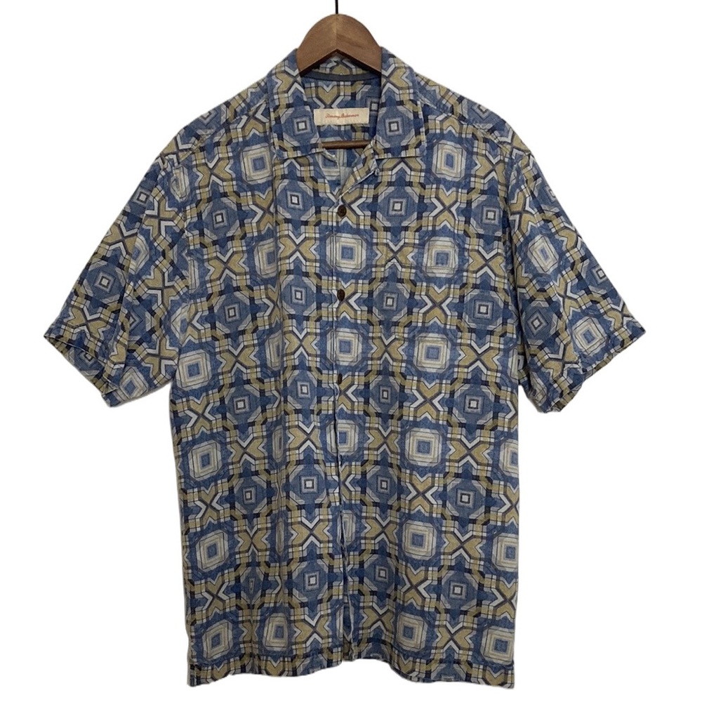 Tommy Bahama Shirt Mens Medium Blue Tan Silk Abstract Print Short Sleeve Pocket